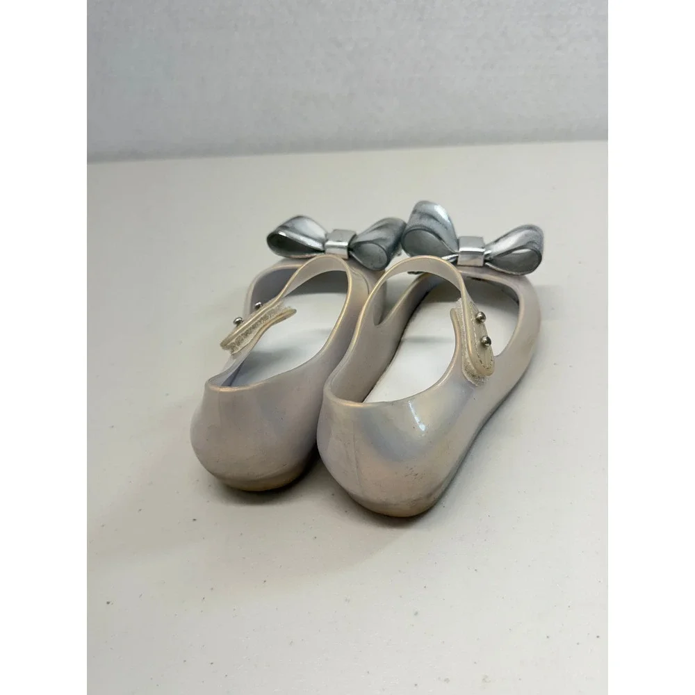 Mini Melissa Kids Ultragirl Sweet Pearlescent Silver Bow Mary Jane Flats Size 10